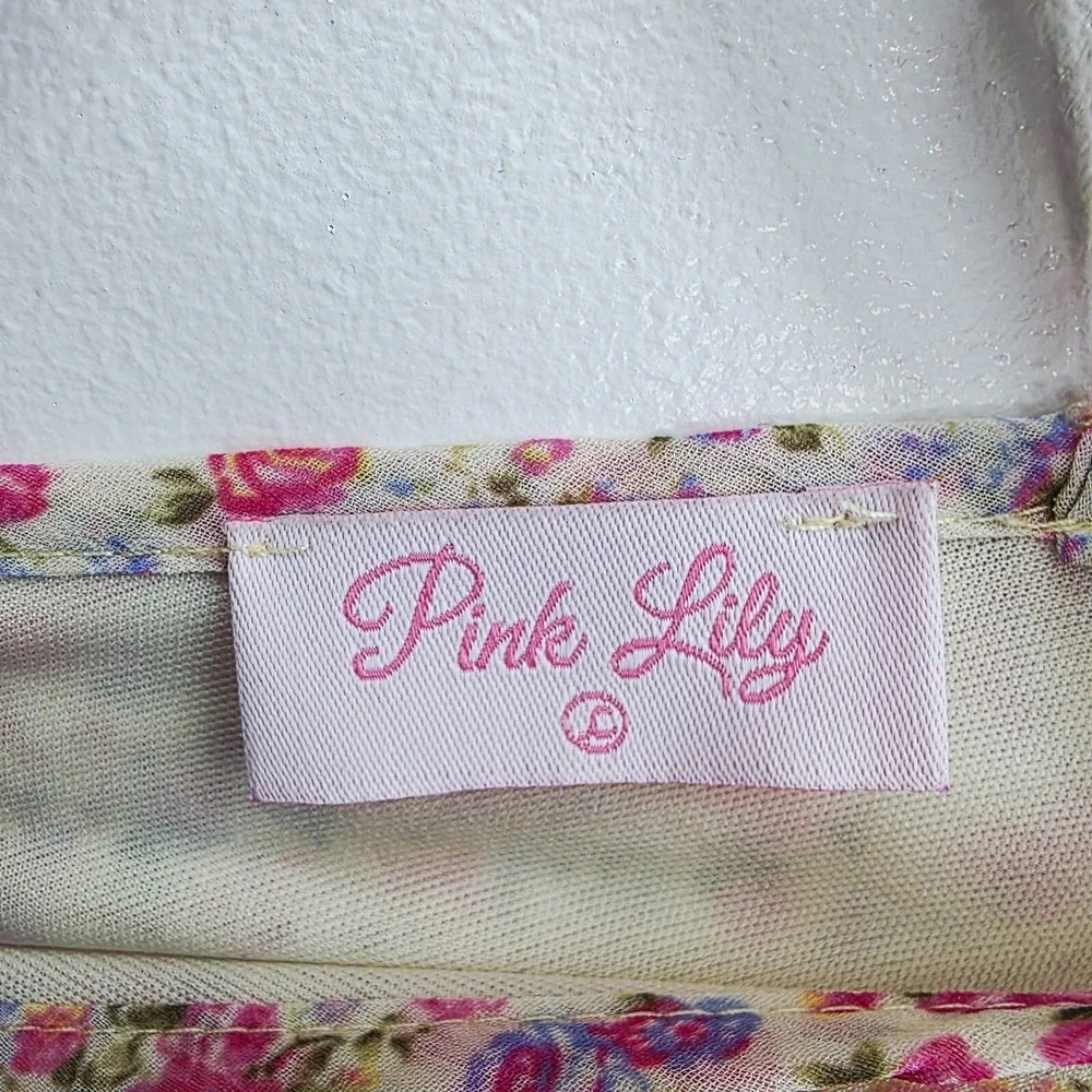 Pink Lily Floral Chiffon Babydoll Long‎ Bell Sleeve V Neck Top Womens L Boho
